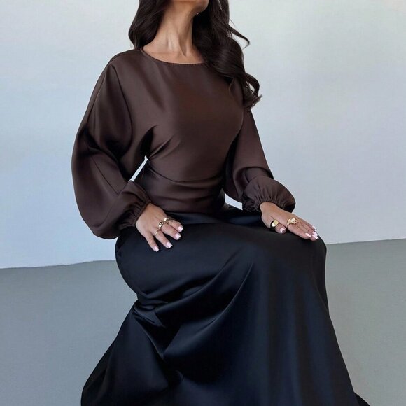 Brown Elegant Women's Romantic Coffee Round Neck blouse - Picture 6 of 7